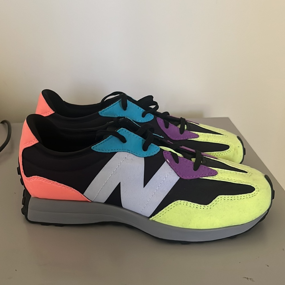New Balance 327, Size 6, Wide Shoe, Color Black, Peach, Green, Purple, and Blue